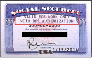 "Example restricted Social Security Card. There is a redaction line on the image. A red box highlights the words "Valid for work only with DHS Authorization.""