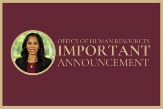 Garnet Box with gold writing that reads: Important Announcement and a headshot of AVP Renisha Gibbs