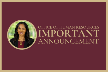Garnet Box with gold writing that reads: Important Announcement and a headshot of AVP Renisha Gibbs
