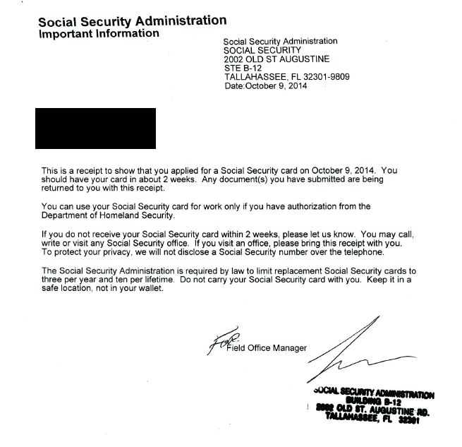 Social Security Receipt Sample